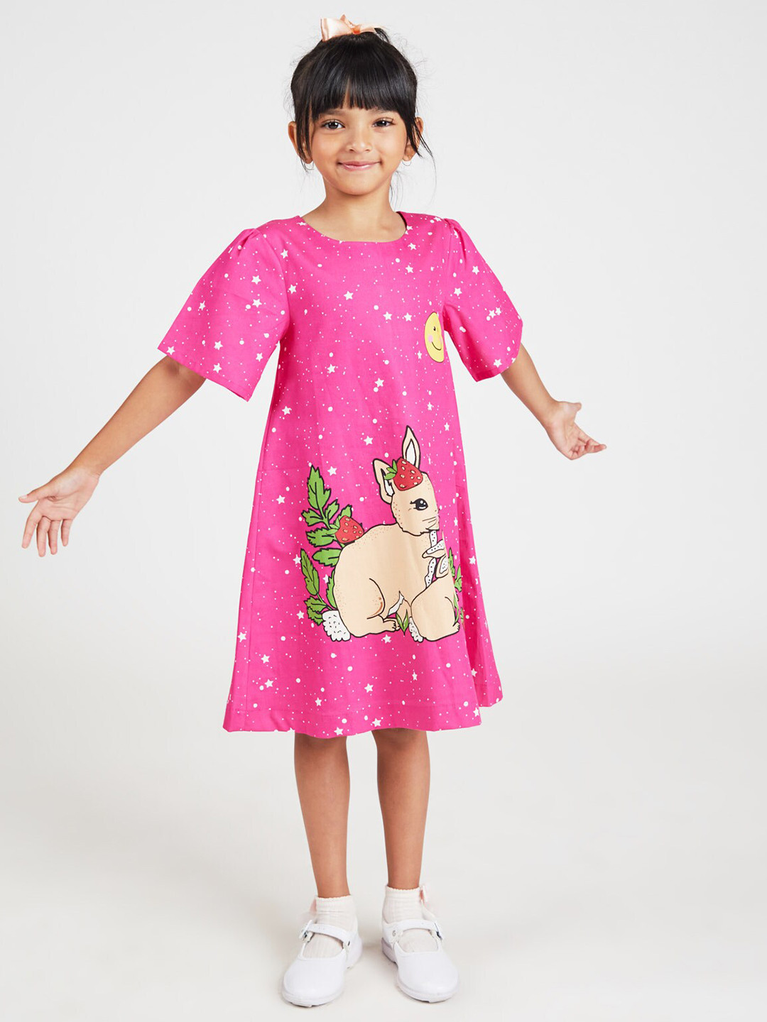 

YK Girls Graphic Printed Pure Cotton A-Line Midi Dress, Pink