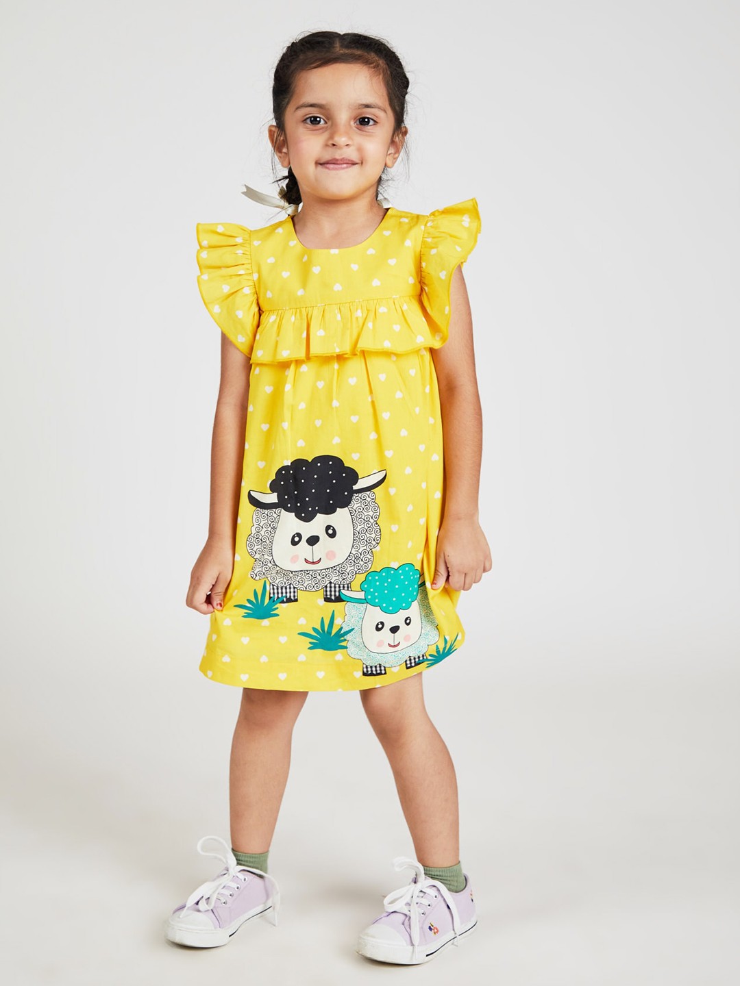 

YK Girls Graphic Printed Pure Cotton A-Line Midi Dress, Yellow