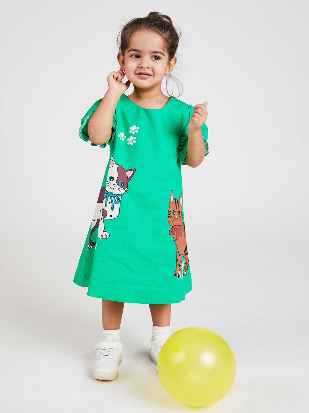 

YK Girls Graphic Printed Pure Cotton A-Line Midi Dress, Green