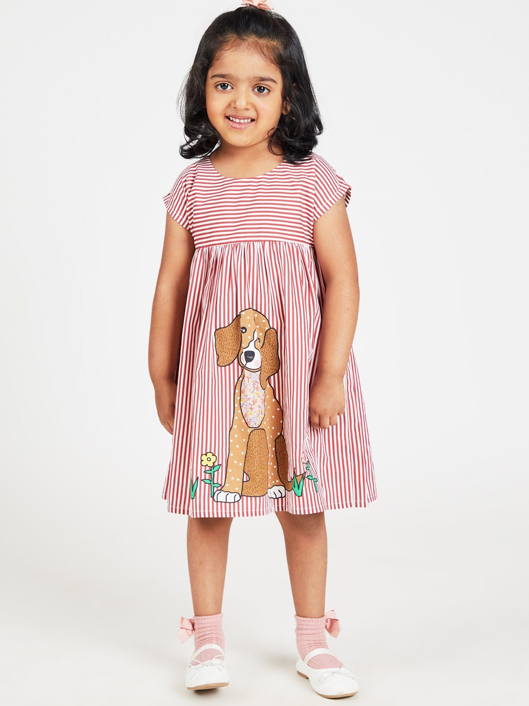 

YK Girls Striped Pure Cotton Fit & Flare Dress, Red