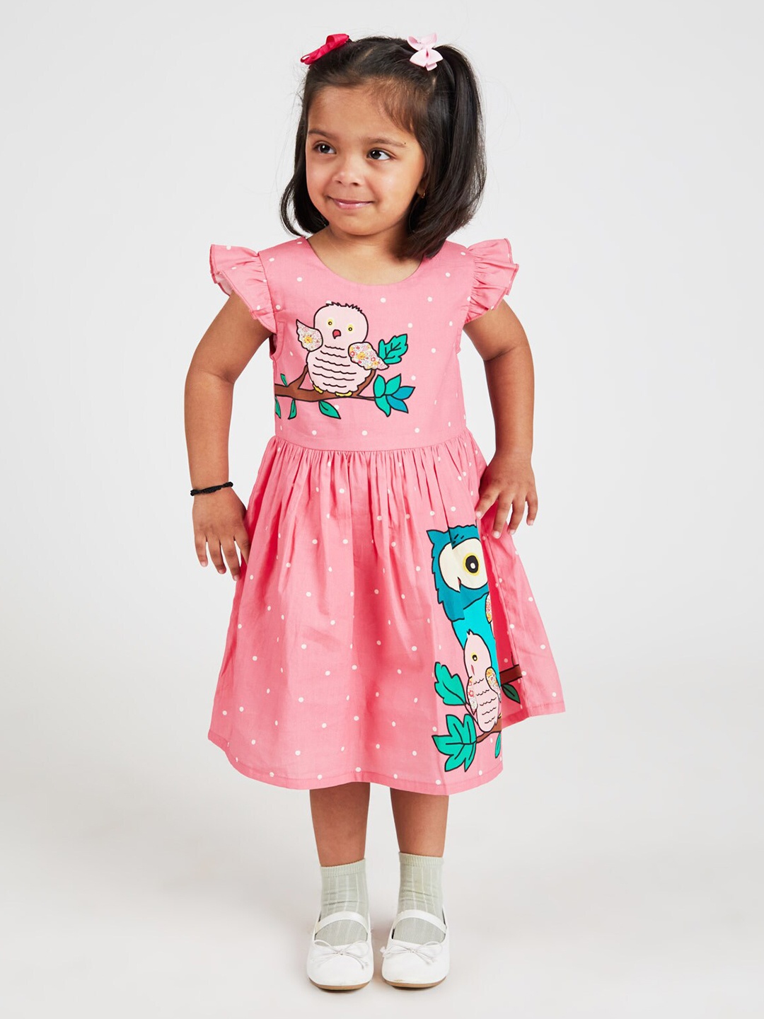 

YK Girls Polka Dots Print Flutter Sleeve Fit & Flare Dress, Pink