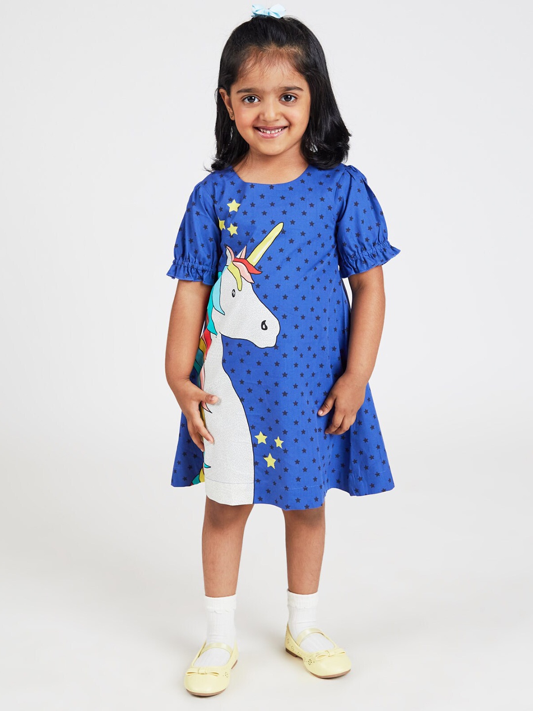 

YK Girls Graphic Printed Pure Cotton A-Line Midi Dress, Blue