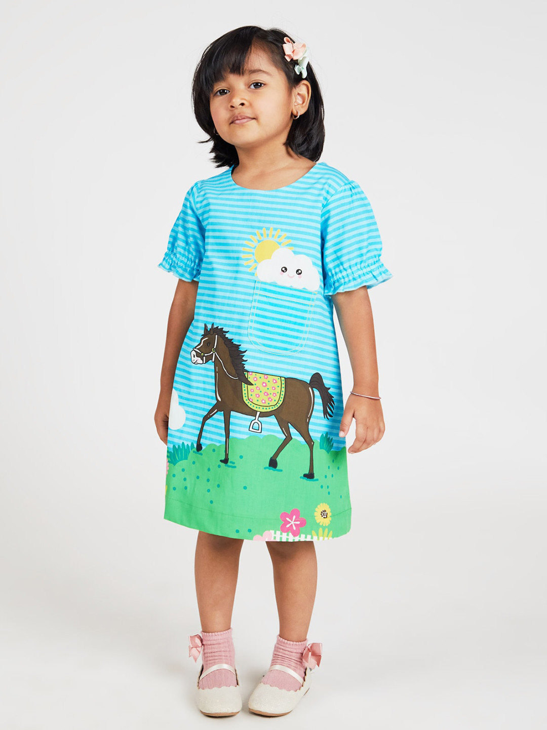 

YK Girls Graphic Printed A-Line Midi Dress, Blue