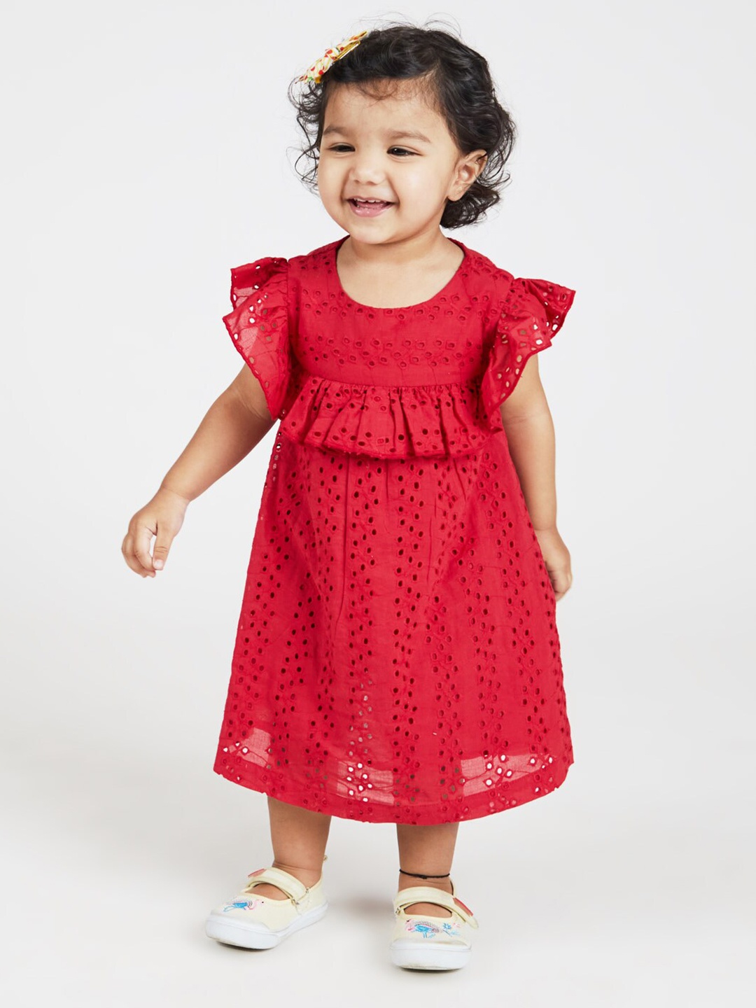 

YK Girls Schiffli Embroidered Pure Cotton A-Line Dress, Red