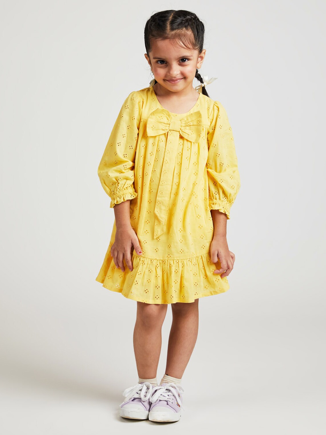 

YK Girls Schiffli Embroidered Pure Cotton A-Line Dress, Yellow