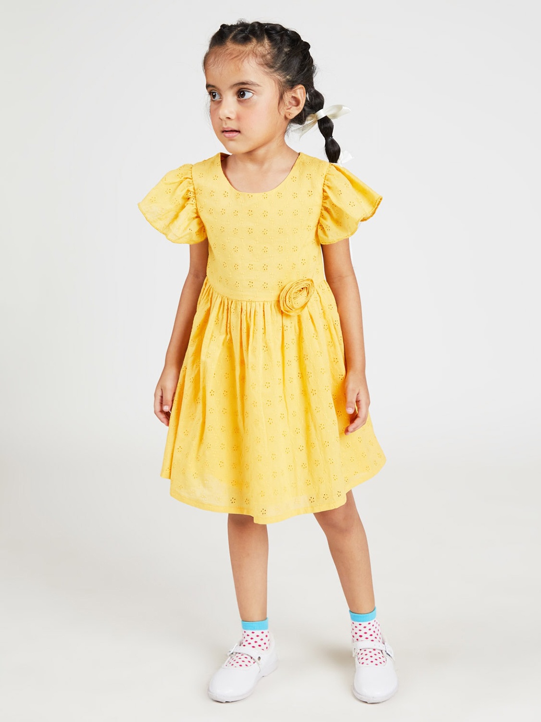 

YK Girls Schiffli Embroidered Pure Cotton Fit And Flare Dress, Yellow