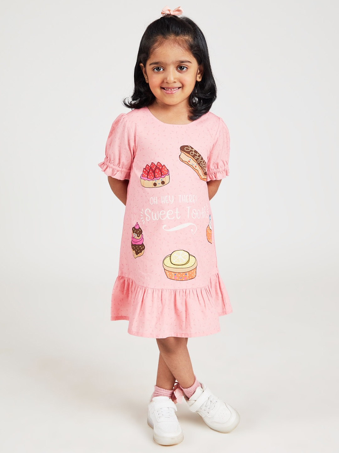 

YK Girls Graphic Printed Pure Cotton A-Line Dress, Peach