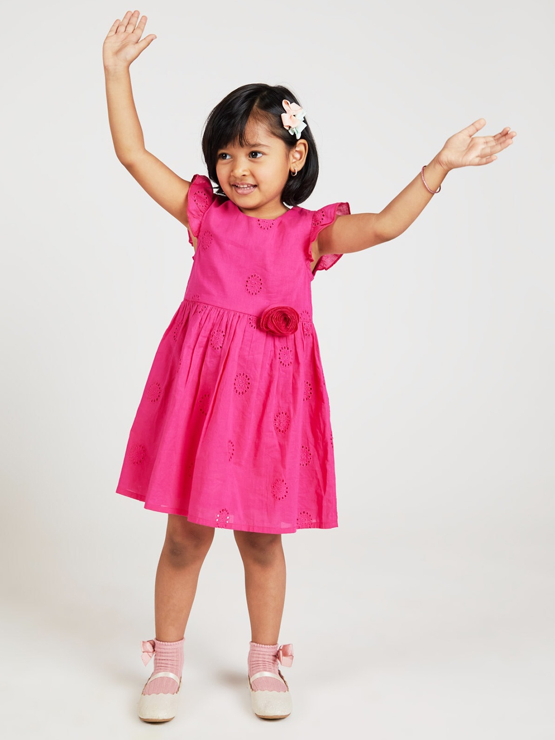 

YK Girls Flutter Sleeve Schiffli Pure Cotton Fit & Flare Dress, Pink