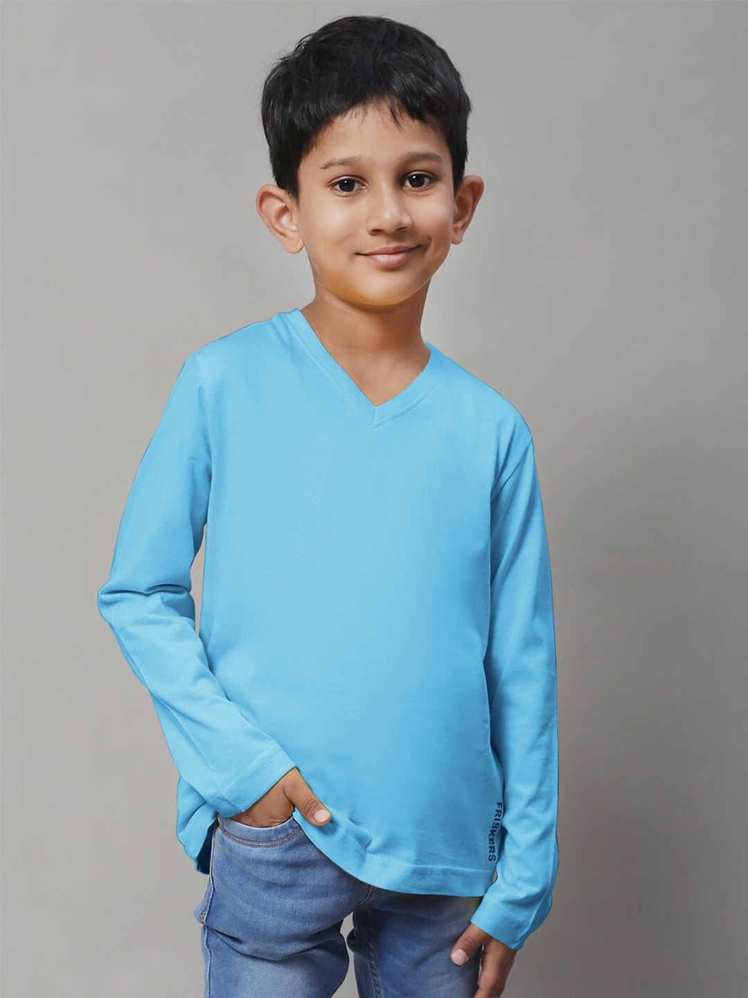 

Friskers Boys V-Neck Pure Cotton Slim Fit T-Shirt, Turquoise blue