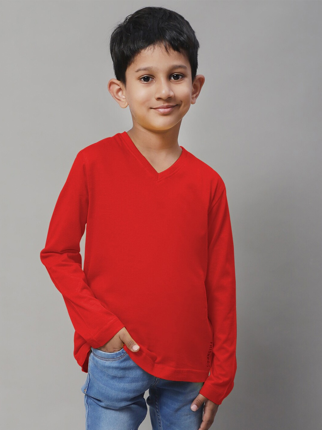

Friskers Boys V-Neck Pure Cotton Slim Fit T-Shirt, Red