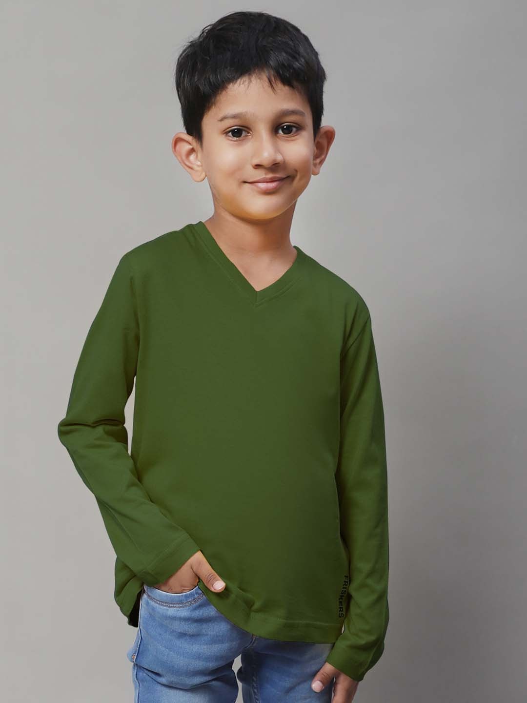 

Friskers Boys V-Neck Pure Cotton Slim Fit T-shirt, Olive