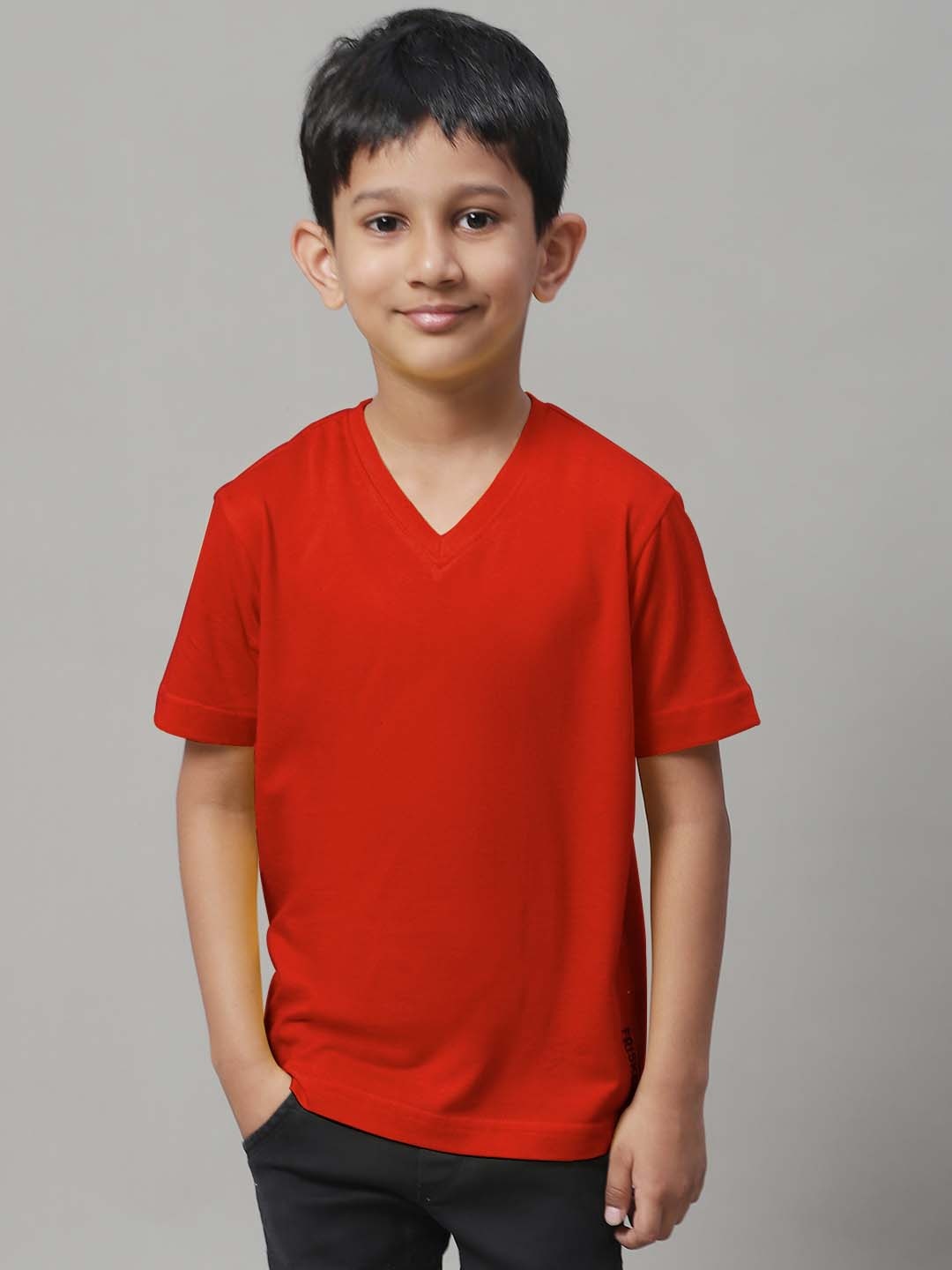 

Friskers Boys Red V-Neck Pure Cotton Slim Fit T-shirt