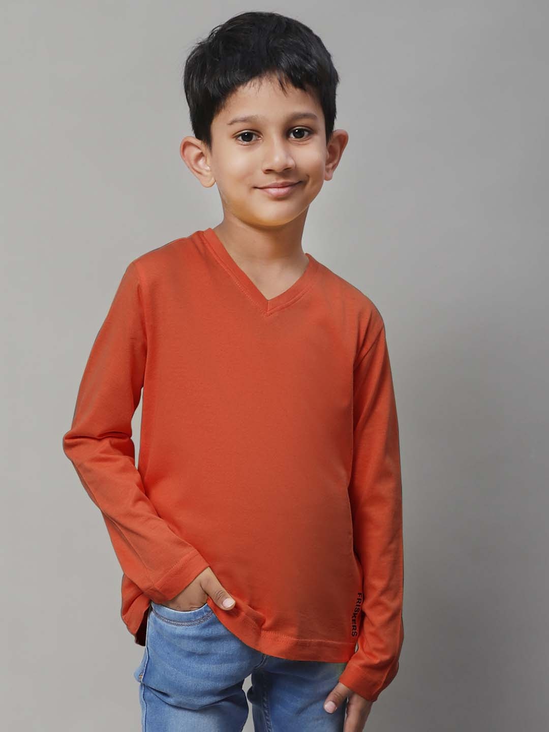 

Friskers Boys V-Neck Cotton Slim Fit T-shirt, Orange