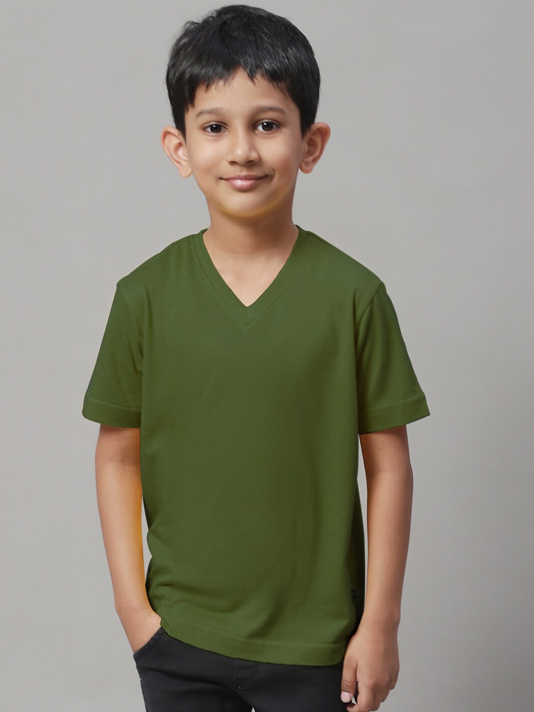 

Friskers Boys V-Neck Pure Cotton Slim Fit T-Shirt, Olive