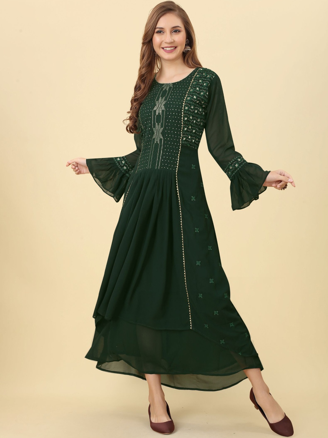 

KALINI Ethnic Motifs Embroidered Bell Sleeves Georgette Maxi Ethnic Dress, Green