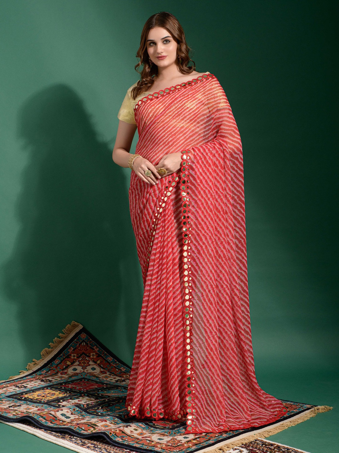 

VEERAX Leheriya Printed Mirror Work Pure Georgette Saree, Red