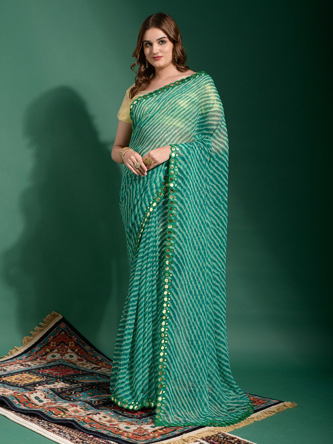 

VEERAX Leheriya Printed Mirror Work Pure Georgette Saree, Sea green
