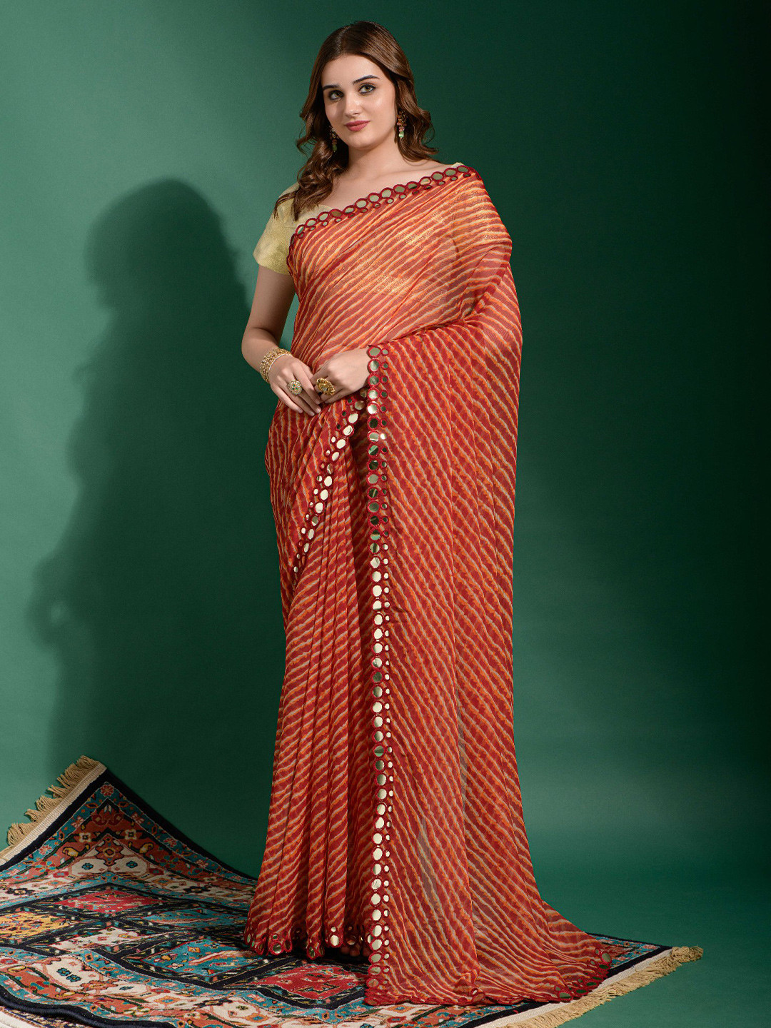 

VEERAX Leheriya Printed Mirror Work Pure Georgette Saree, Orange