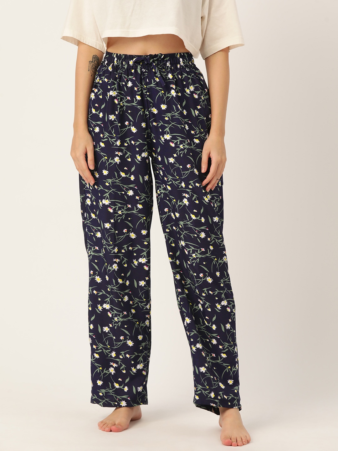 

ETC Women Printed Mid-Rise Lounge Pants, Navy blue