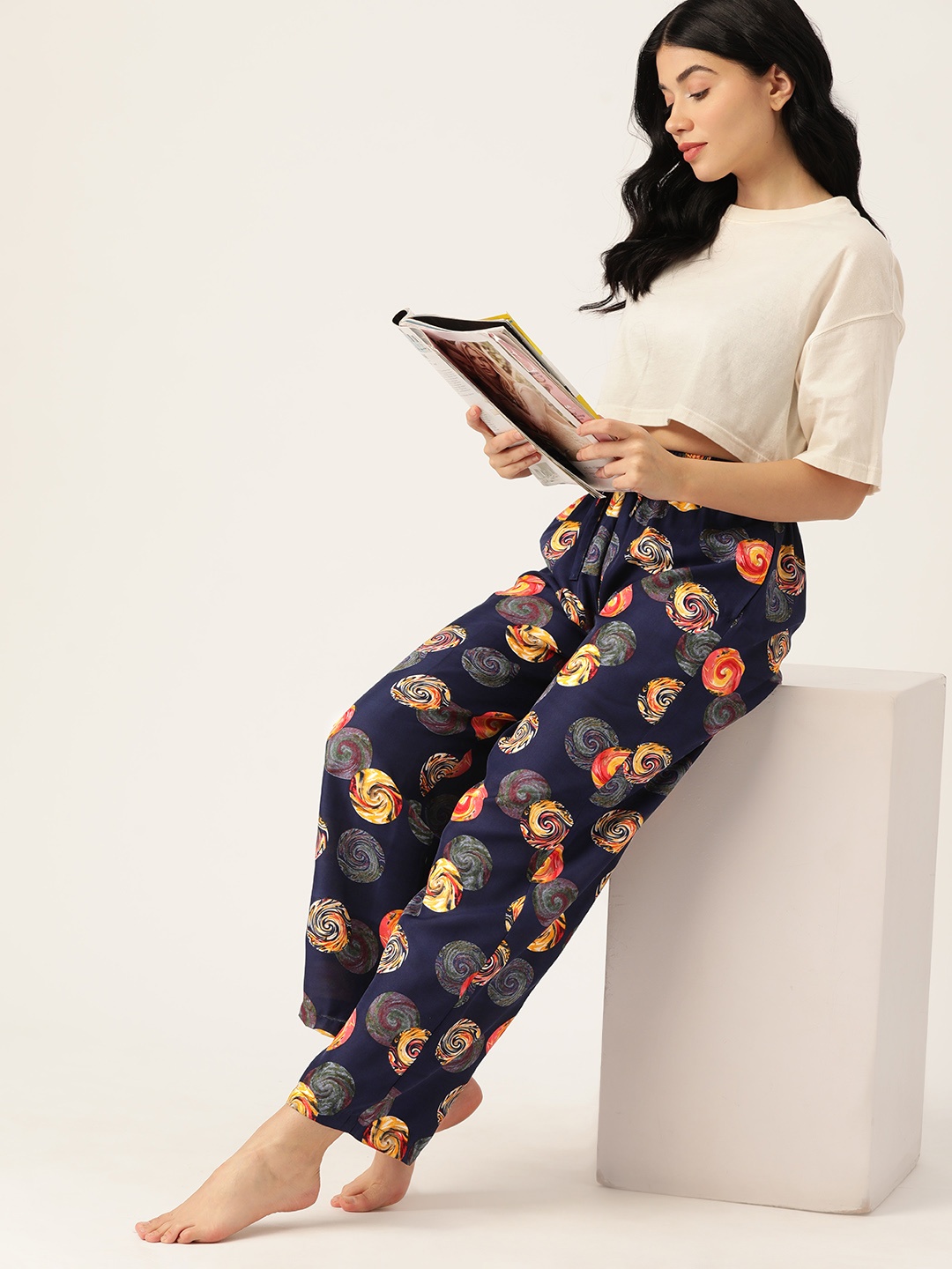 

ETC Women Printed Mid-Rise Lounge Pants, Navy blue