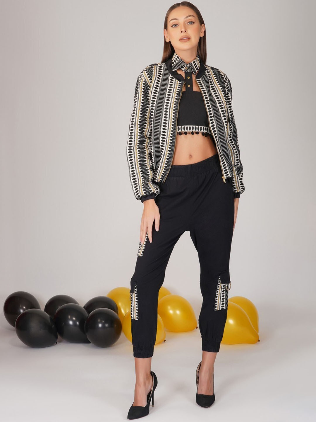 

KOVET Geometric Printed Henley Collar Bomber Jacket, Black