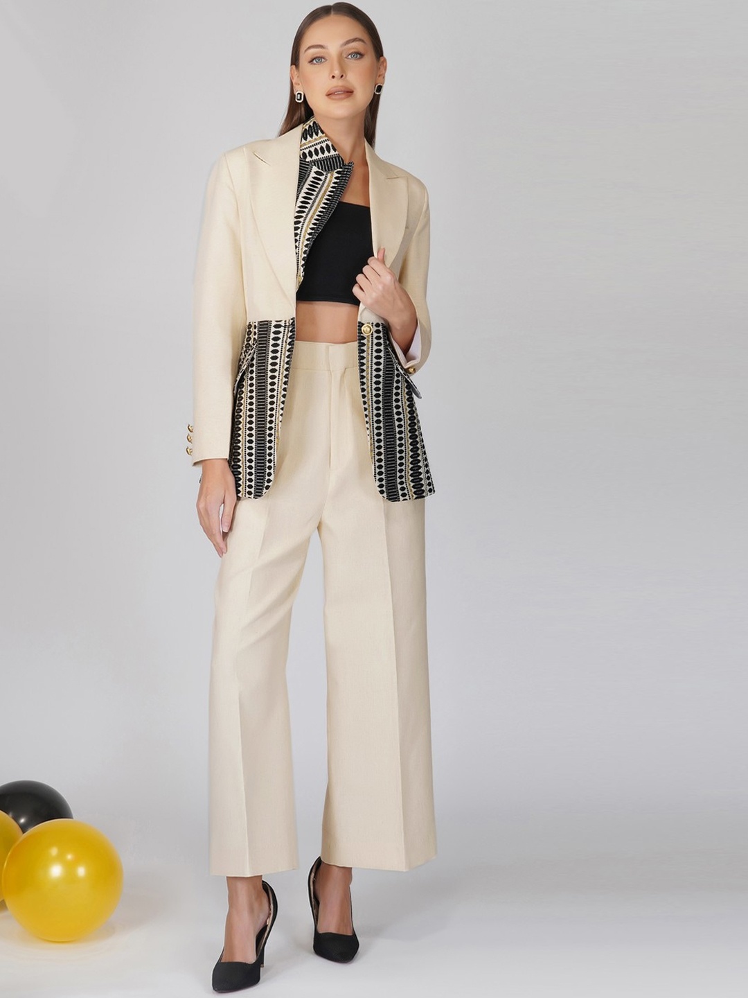KOVET Printed Notched Lapel Collar Casual Blazer, Beige