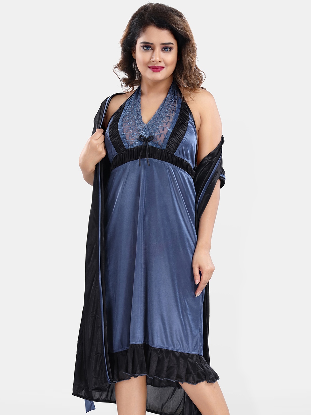 

Be You Satin Wrap Nightdress With Robe, Blue