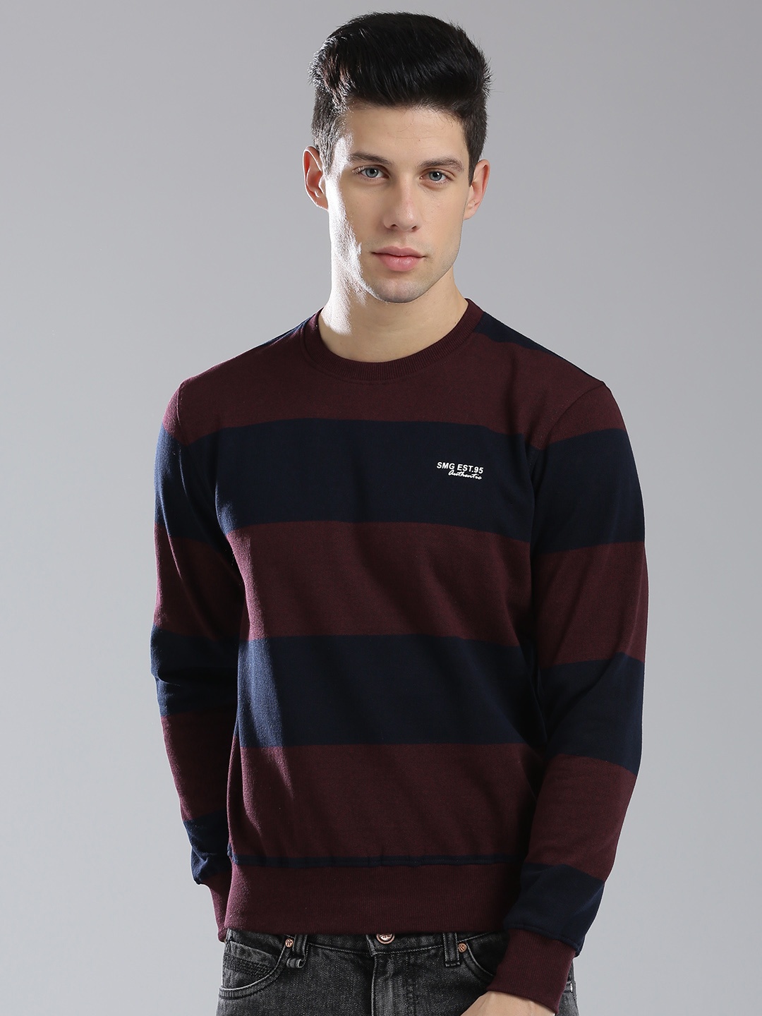 

SMAG Men Maroon & Navy Blue Striped Sweatshirt