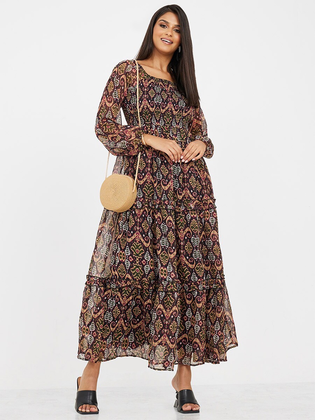 

Styli Ethnic Motifs Printed Square Neck Tiered Smocked Puff Sleeves Maxi Dress, Brown
