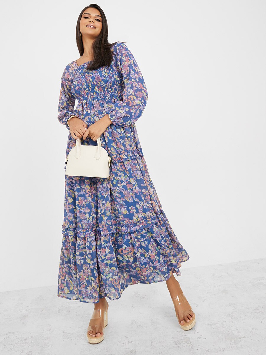 

Styli Floral Printed Square Neck Tiered Smocked Puff Sleeves Maxi Dress, Blue