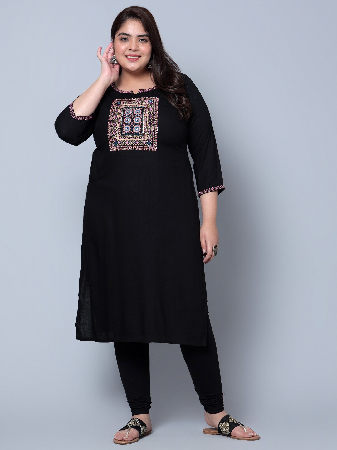 

Bani Women Plus Size Ethnic Motifs Yoke Design Thread Work Liva Kurta, Black