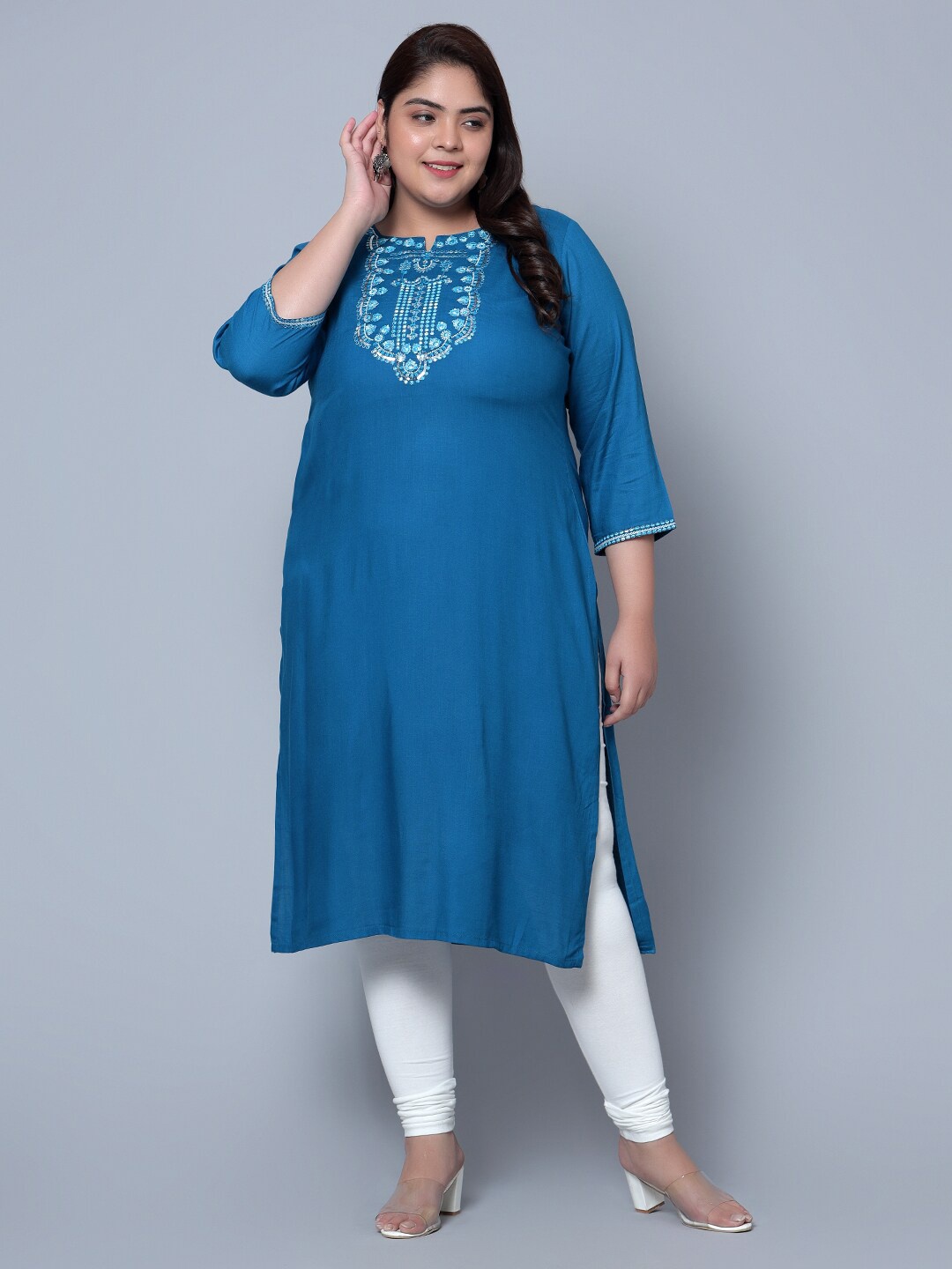 

Bani Women Plus Size Floral Embroidered Sequined Liva Kurta, Turquoise blue
