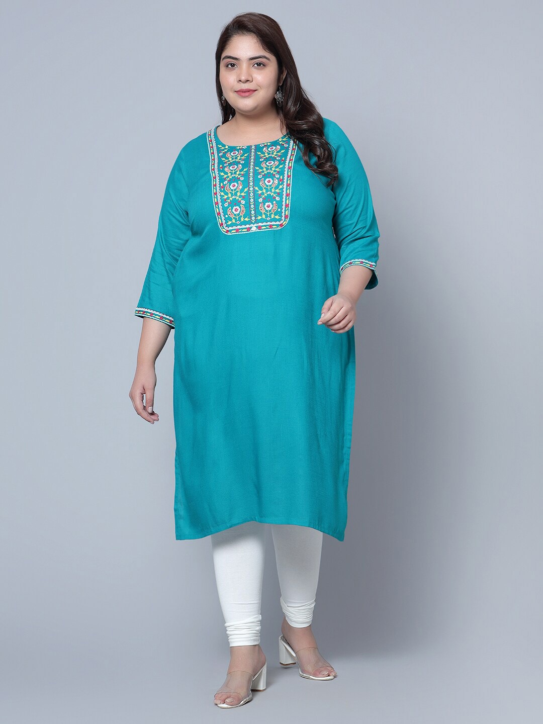 

Bani Women Plus Size Ethnic Motifs Yoke Design Sequined Thread Work Liva Kurta, Turquoise blue