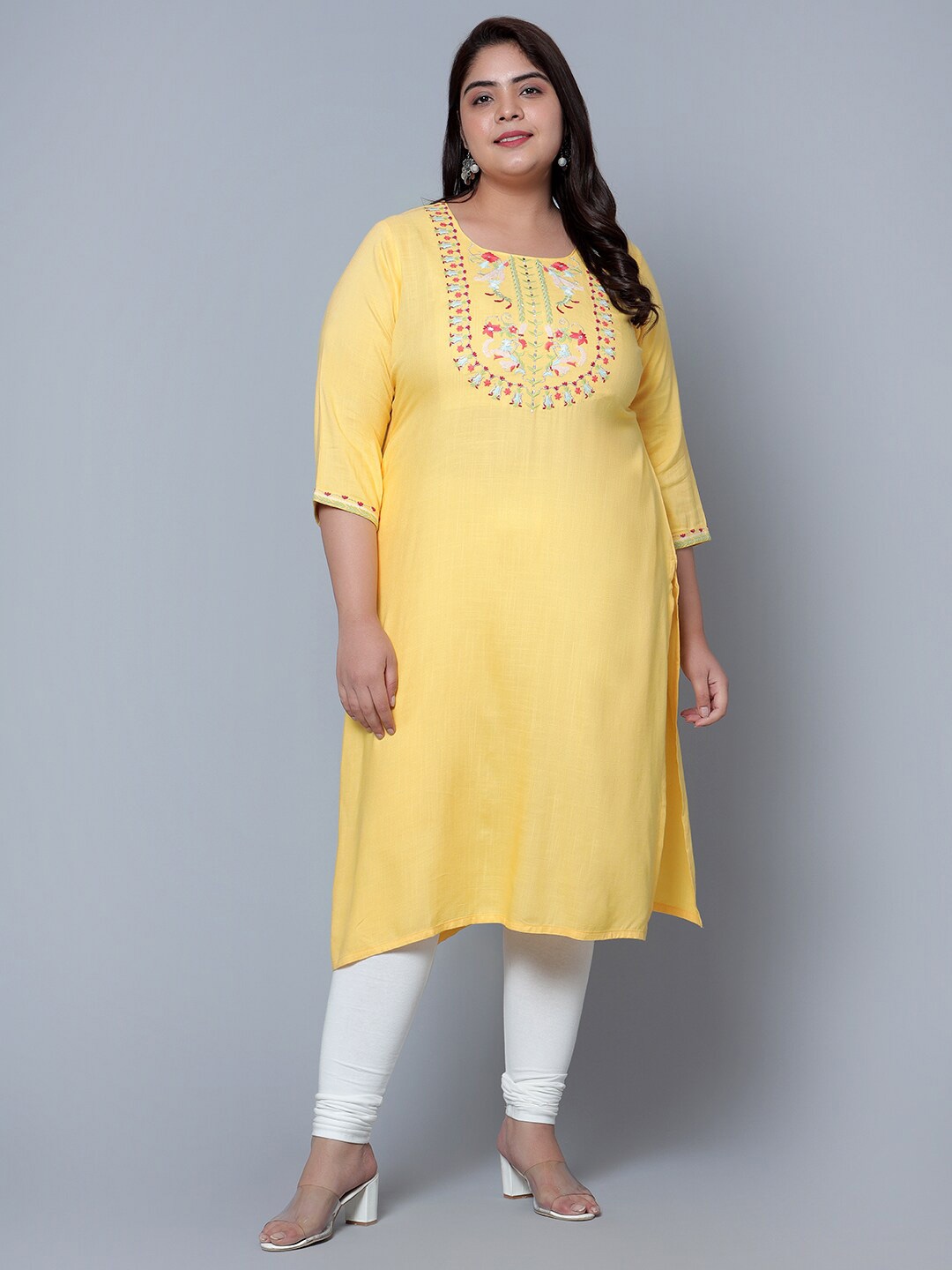 

Bani Women Plus Size Floral Embroidered Liva Kurta, Yellow