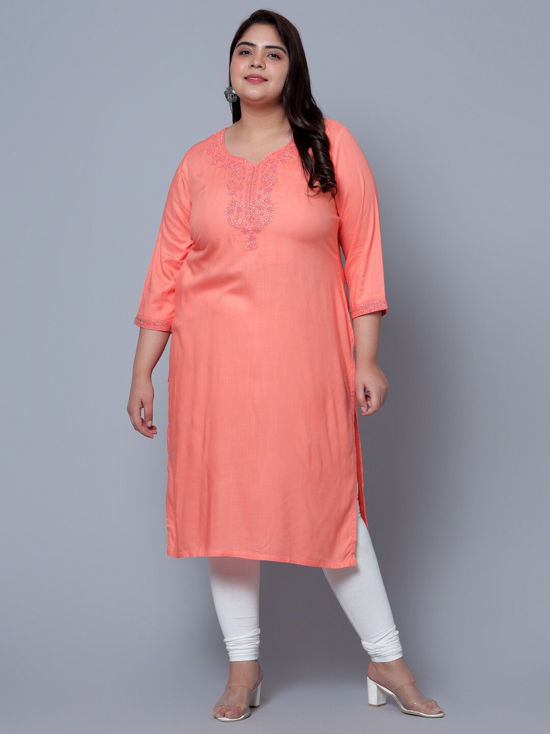 

Bani Women Plus Size Ethnic Motifs Embroidered Sequined Liva Kurta, Peach