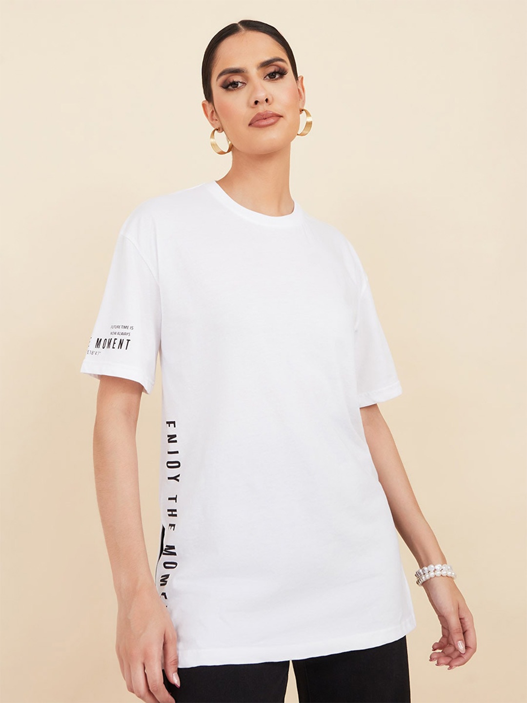 

Styli Typography Printed Drop-Shoulder Sleeves Relaxed Fit Cotton T-shirt, White