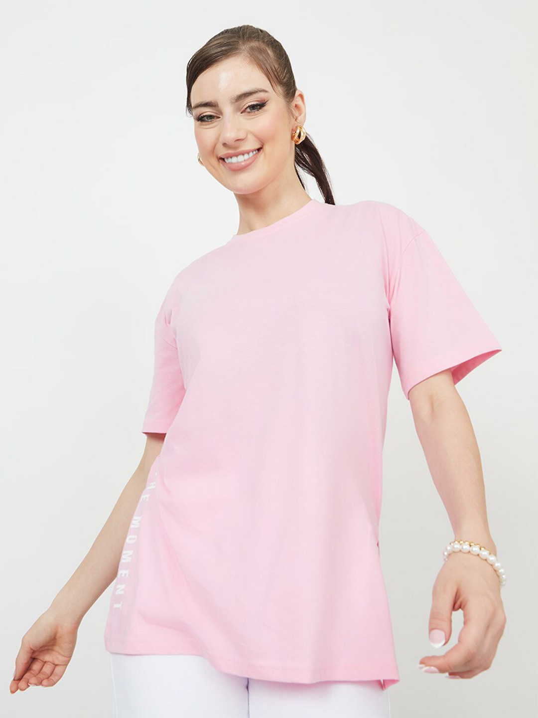 

Styli Typography Printed Drop-Shoulder Sleeves Relaxed Fit Cotton T-shirt, Pink