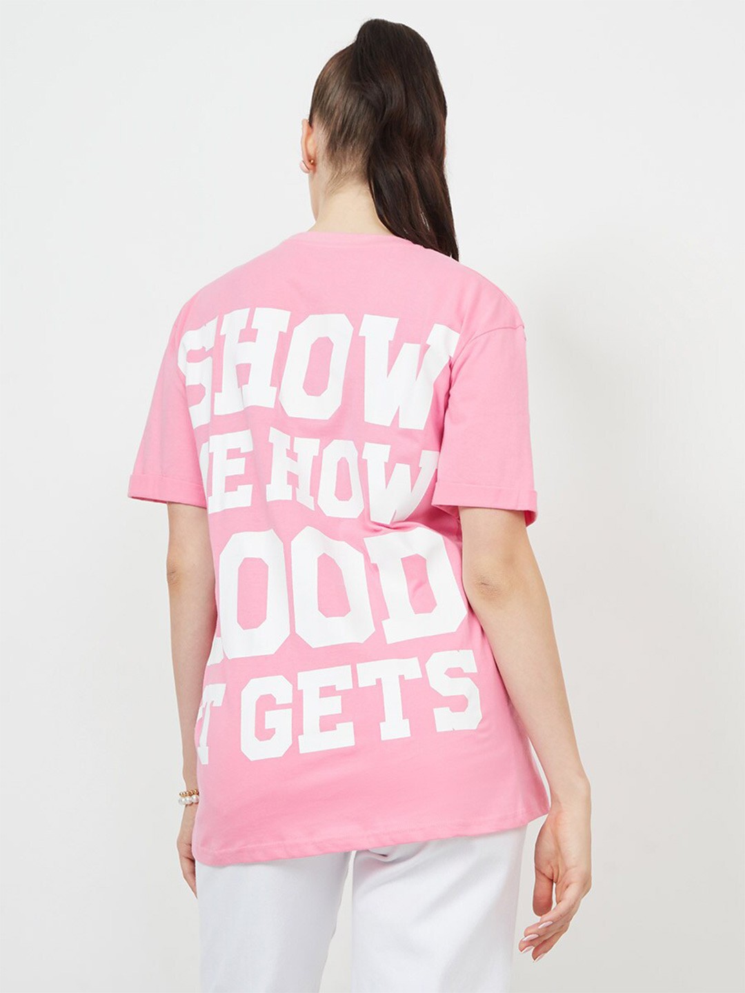

Styli Typography Printed Drop-Shoulder Sleeves Relaxed Fit Cotton T-shirt, Pink