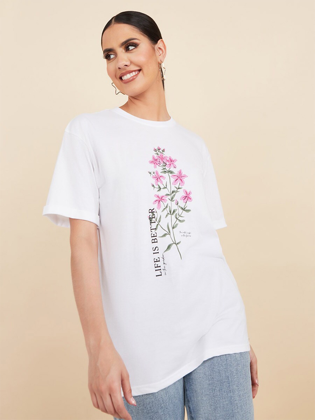 

Styli Floral Printed Drop-Shoulder Sleeves Relaxed Fit Cotton T-shirt, White