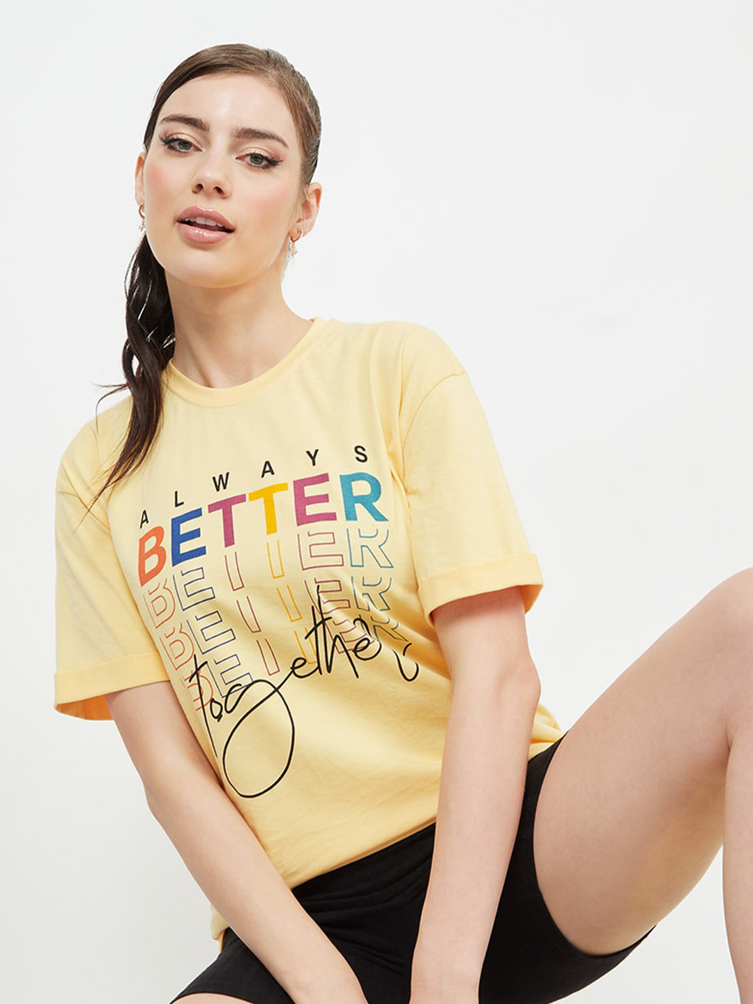 

Styli Typography Printed Drop-Shoulder Sleeves Relaxed Fit Cotton T-shirt, Yellow