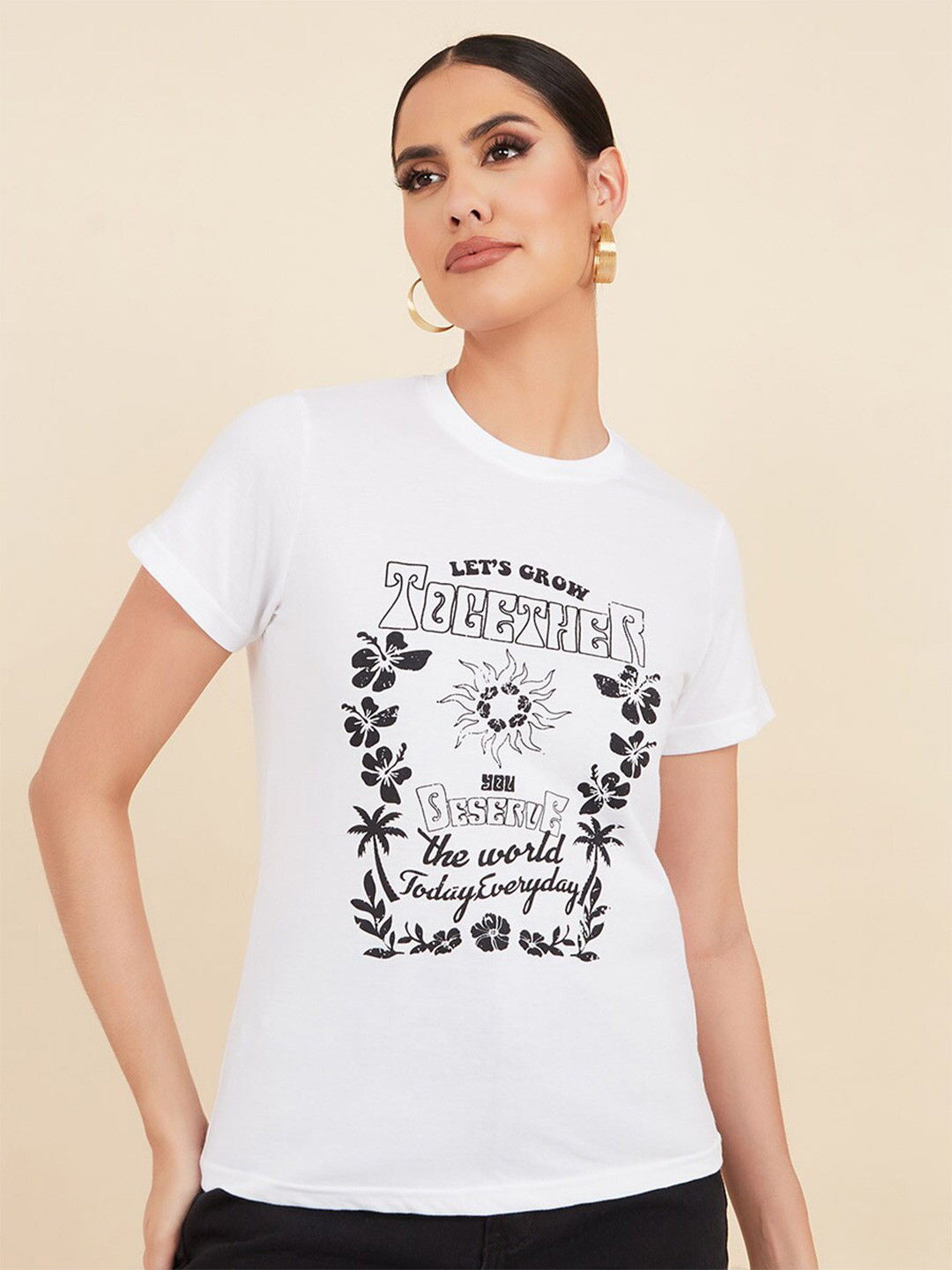 

Styli Graphic Printed Short Sleeves Cotton T-shirt, White