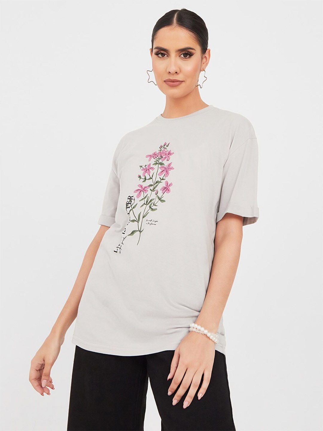 

Styli Floral Printed Drop-Shoulder Sleeves Relaxed Fit Cotton T-shirt, Grey