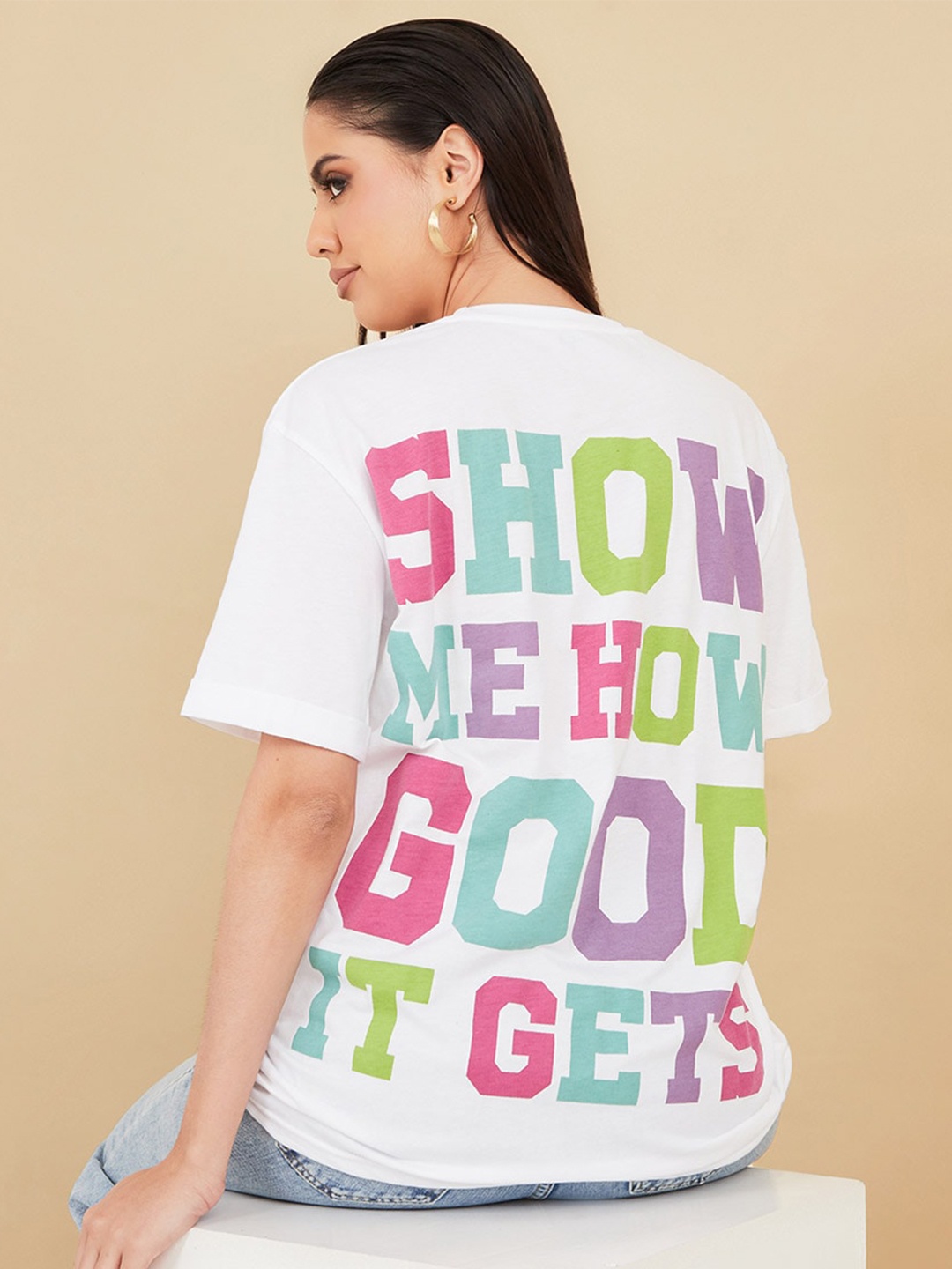 

Styli Typography Printed Drop-Shoulder Sleeves Relaxed Fit Cotton T-shirt, White