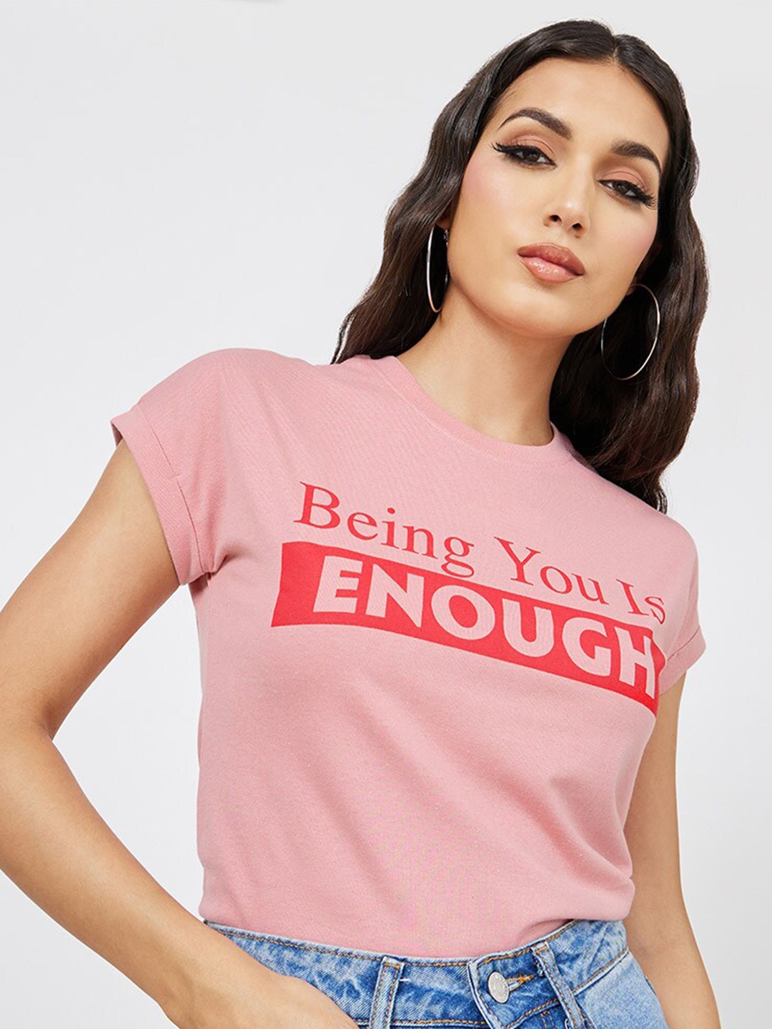 Styli Typography Printed Extended Sleeves Cotton T-shirt, Pink