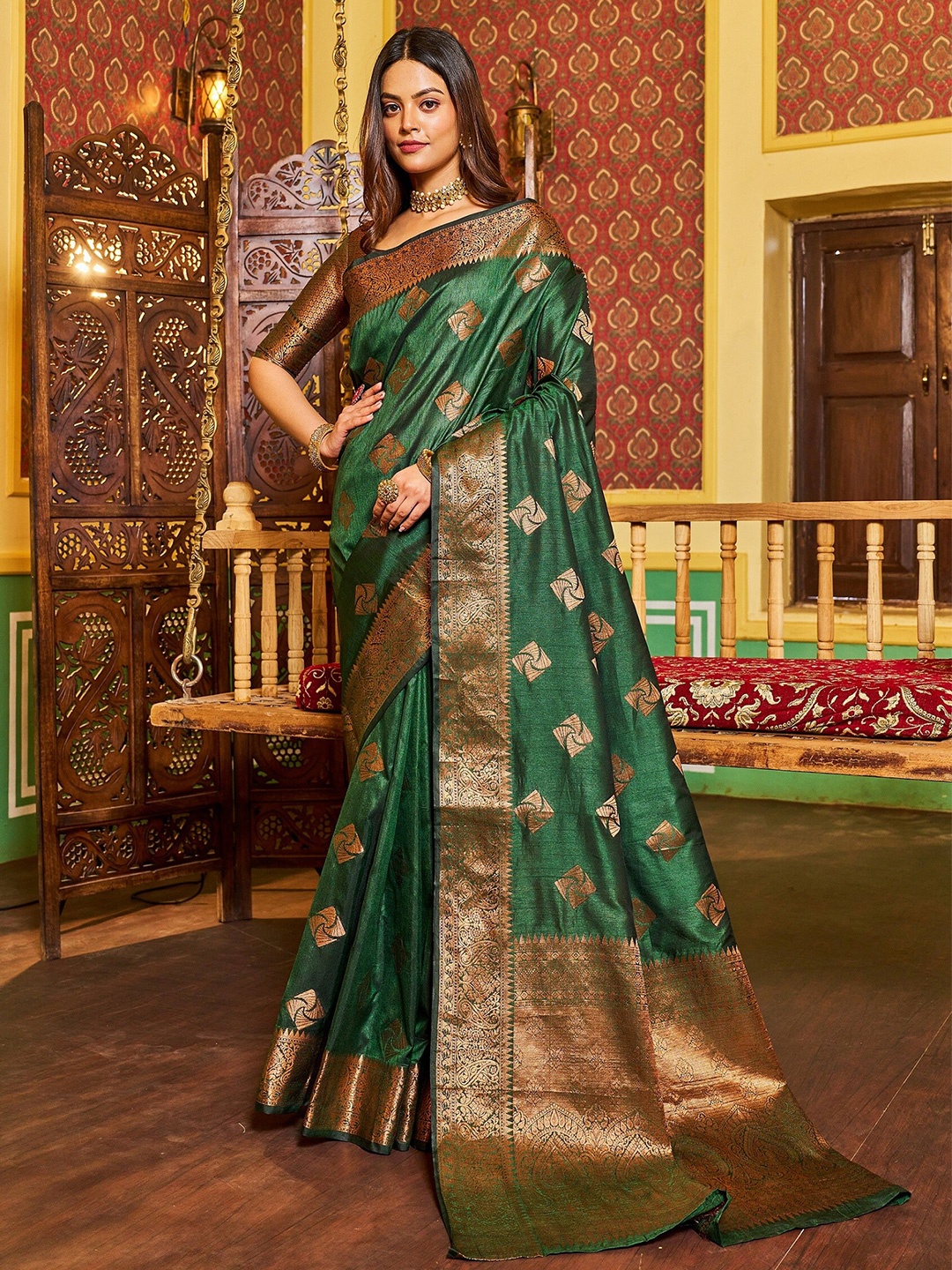 

VSaree Ethnic Motif Woven Design Zari Silk Cotton Saree, Green
