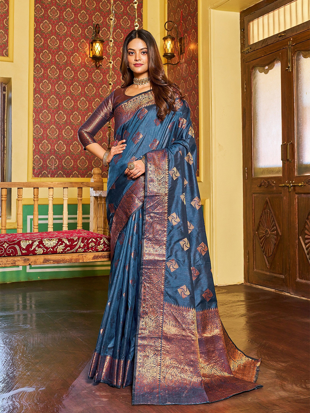

VSaree Ethnic Motif Woven Design Zari Silk Cotton Saree, Blue