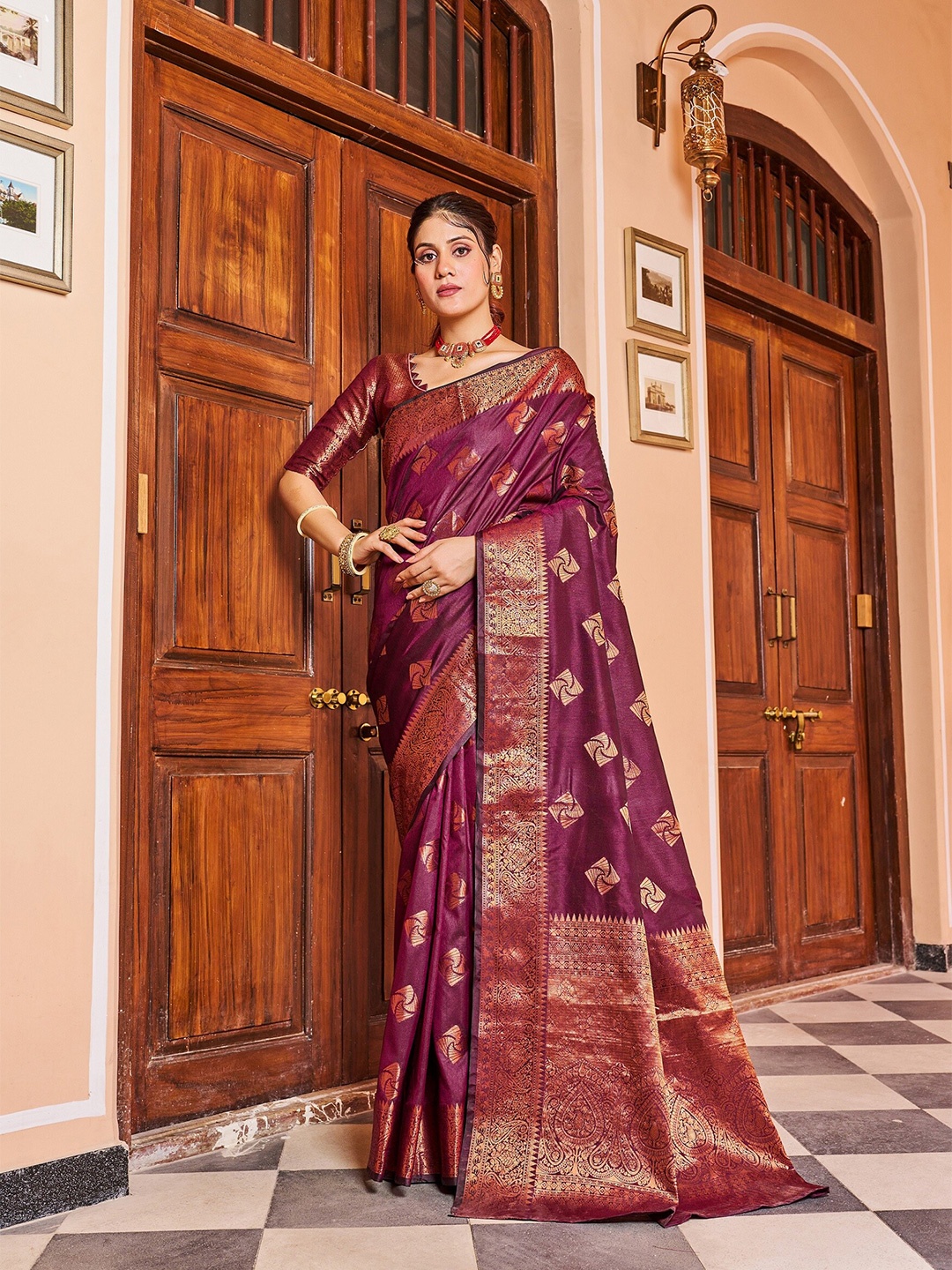 

VSaree Ethnic Motif Woven Design Zari Silk Cotton Saree, Purple