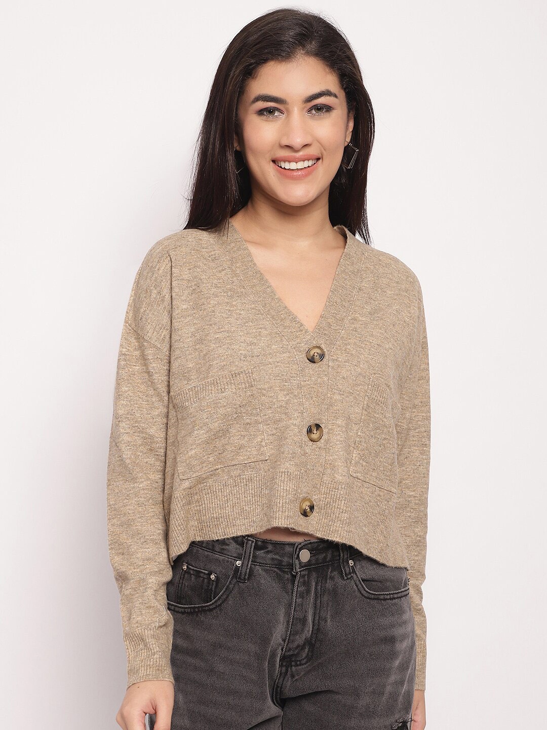 

NoBarr V-Neck Acrylic Crop Cardigan, Brown