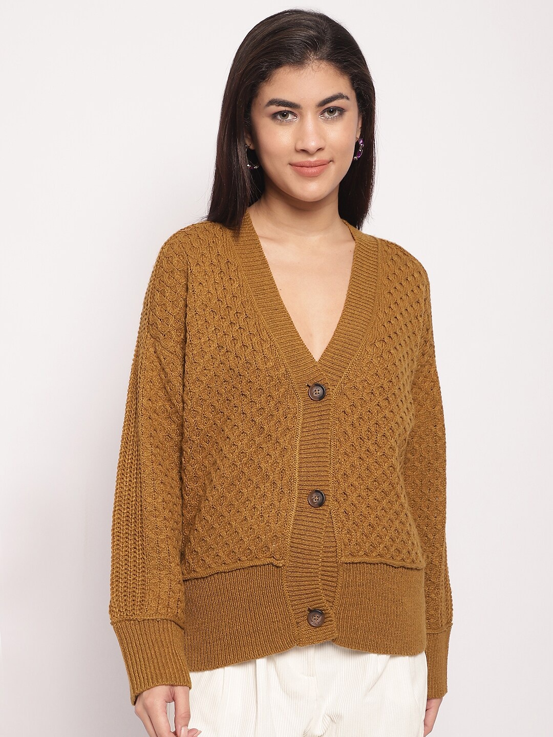 

NoBarr V-Neck Cable Knit Acrylic Cardigan, Brown
