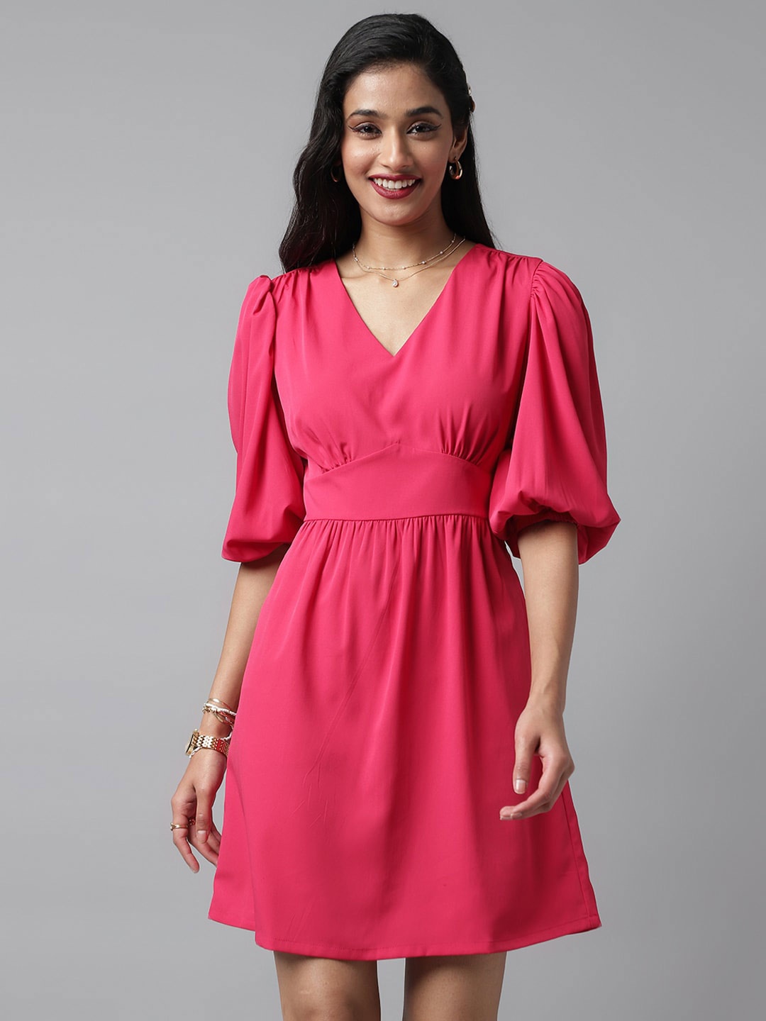 

pinwheel Puff Sleeve V-Neck Fit & Flare Dress, Pink